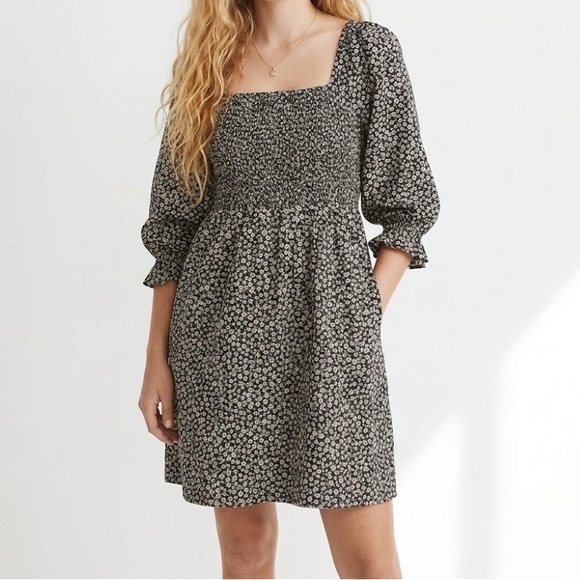 Madewell Dresses & Skirts - Madewell Lucie Black Floral Long Sleeve Smocked Mini Dress Large